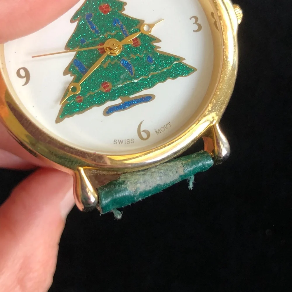 Vintage Gold Christmas Tree Watch with Green Strap
